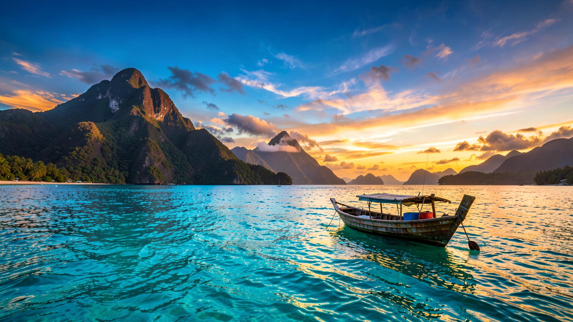 Turquoise island bay at sunset